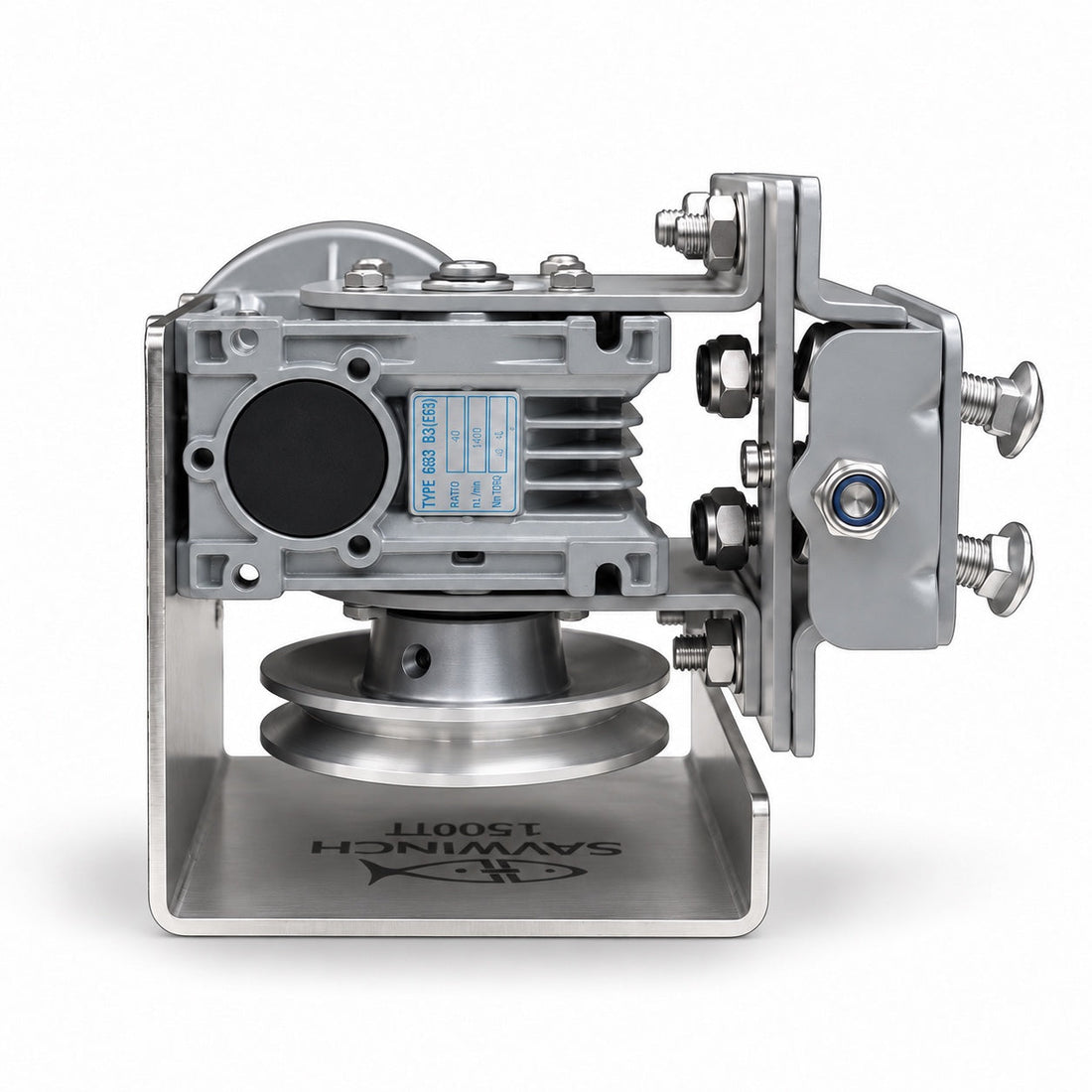 Savwinch 1500TT-SS Truck Tarp Motor Kit Gen 2, gearbox and pulley underside view