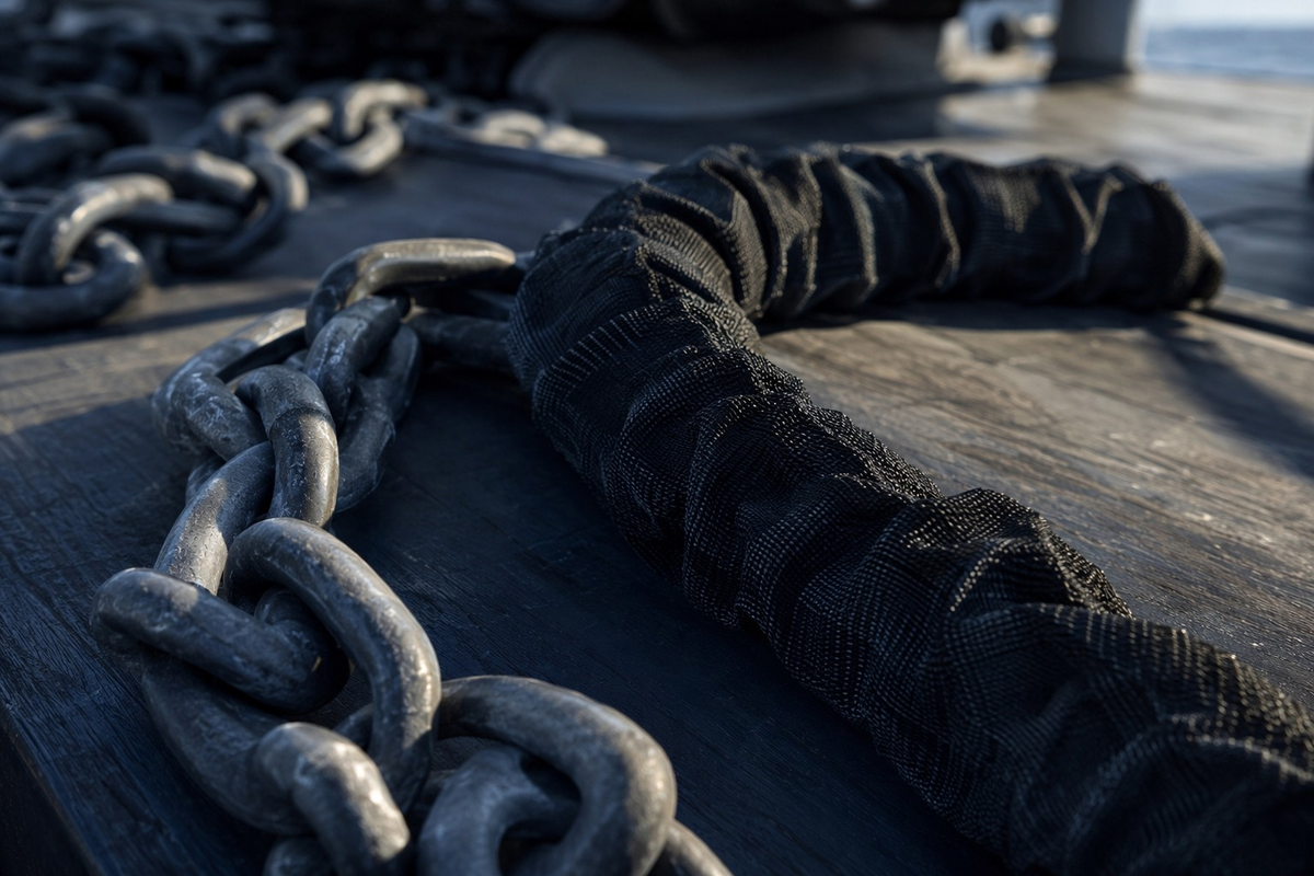 Anchor chain protected with a woven chain guard sock on a boat deck