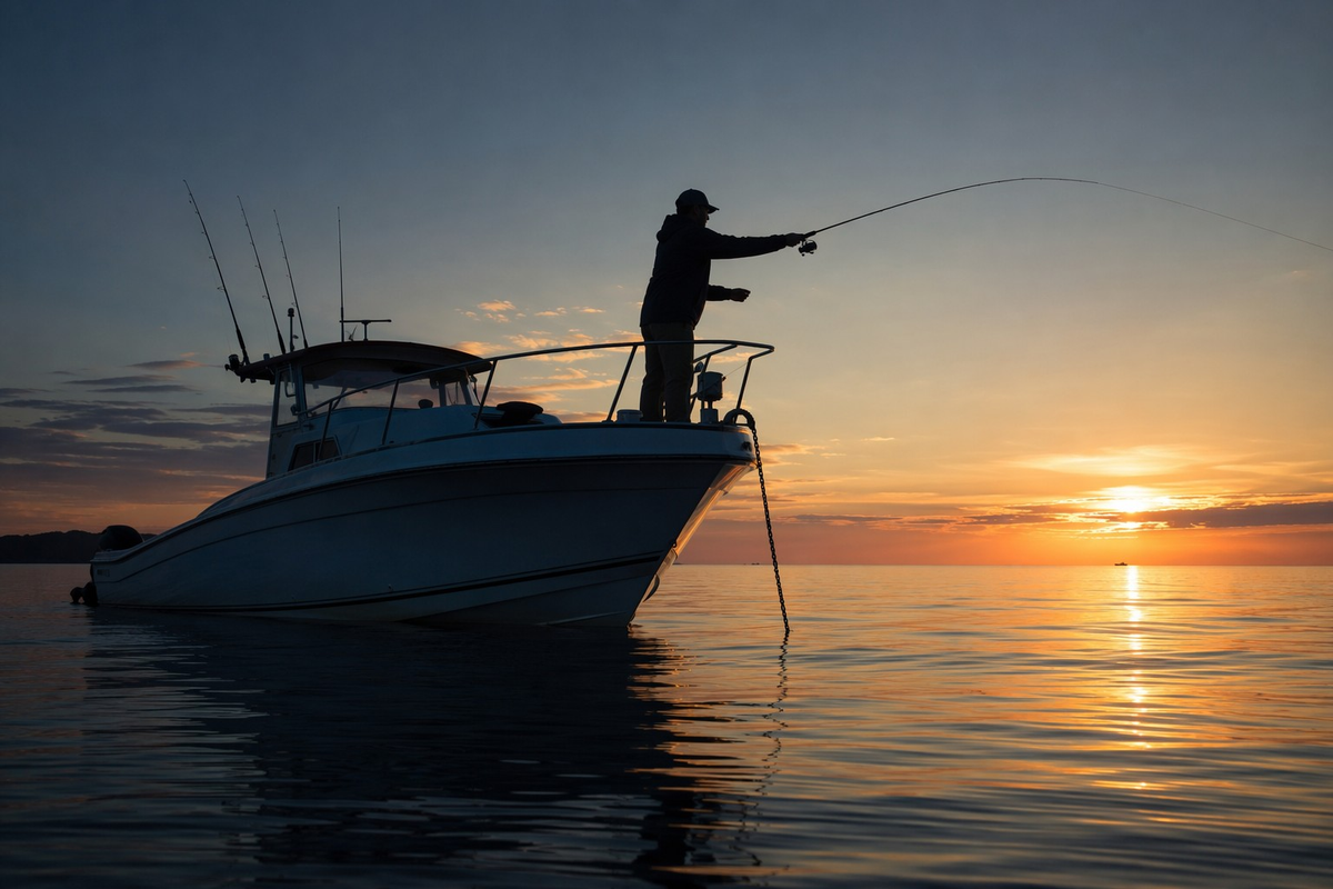 Recreational fishing boat at anchor at sunrise with an angler casting a line