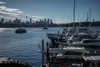 Sydney Harbour marina with yachts moored and the city skyline in the distance