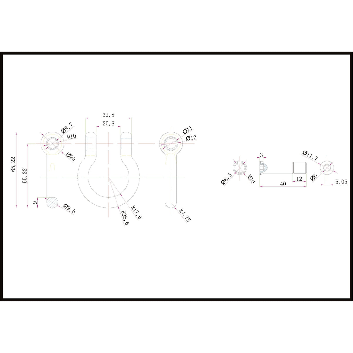 Technical drawing of Bow D Shackle