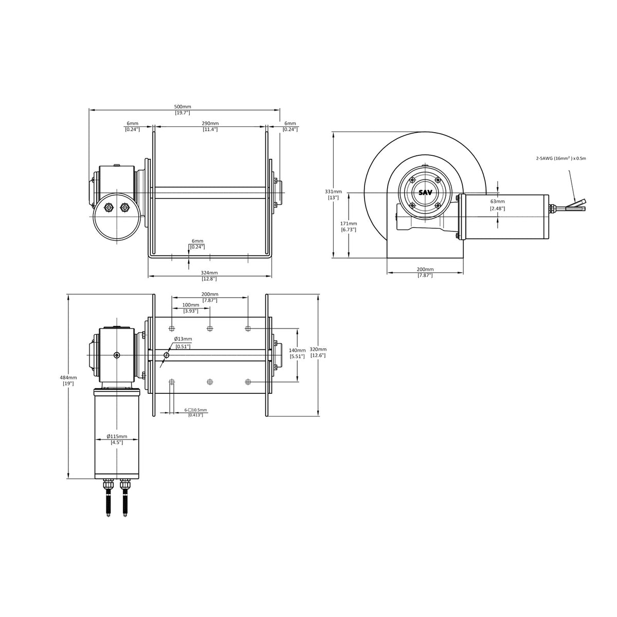 Technical drawing of 3000SS™ Drum Anchor Winch