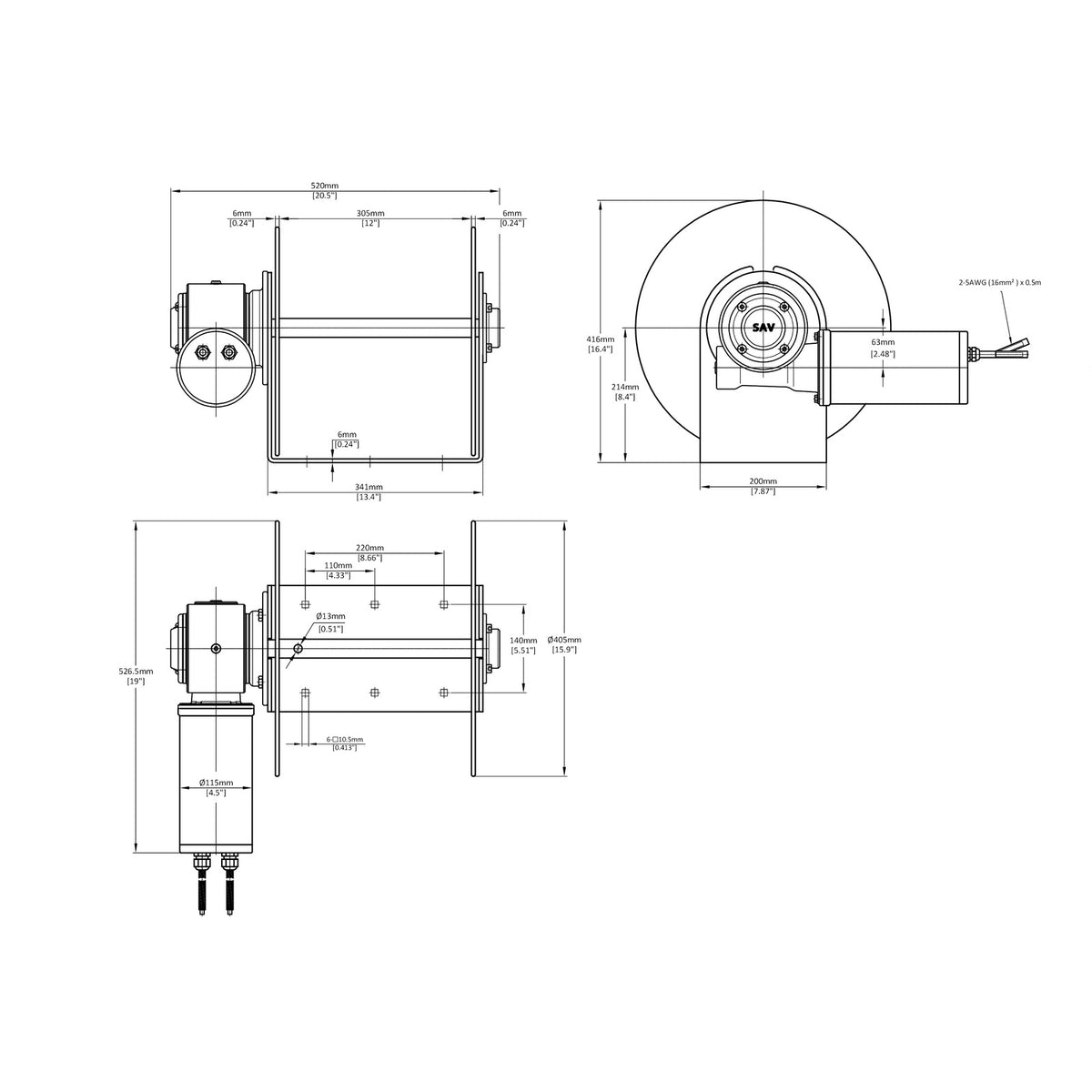 Technical drawing of 4000SS™ Drum Anchor Winch