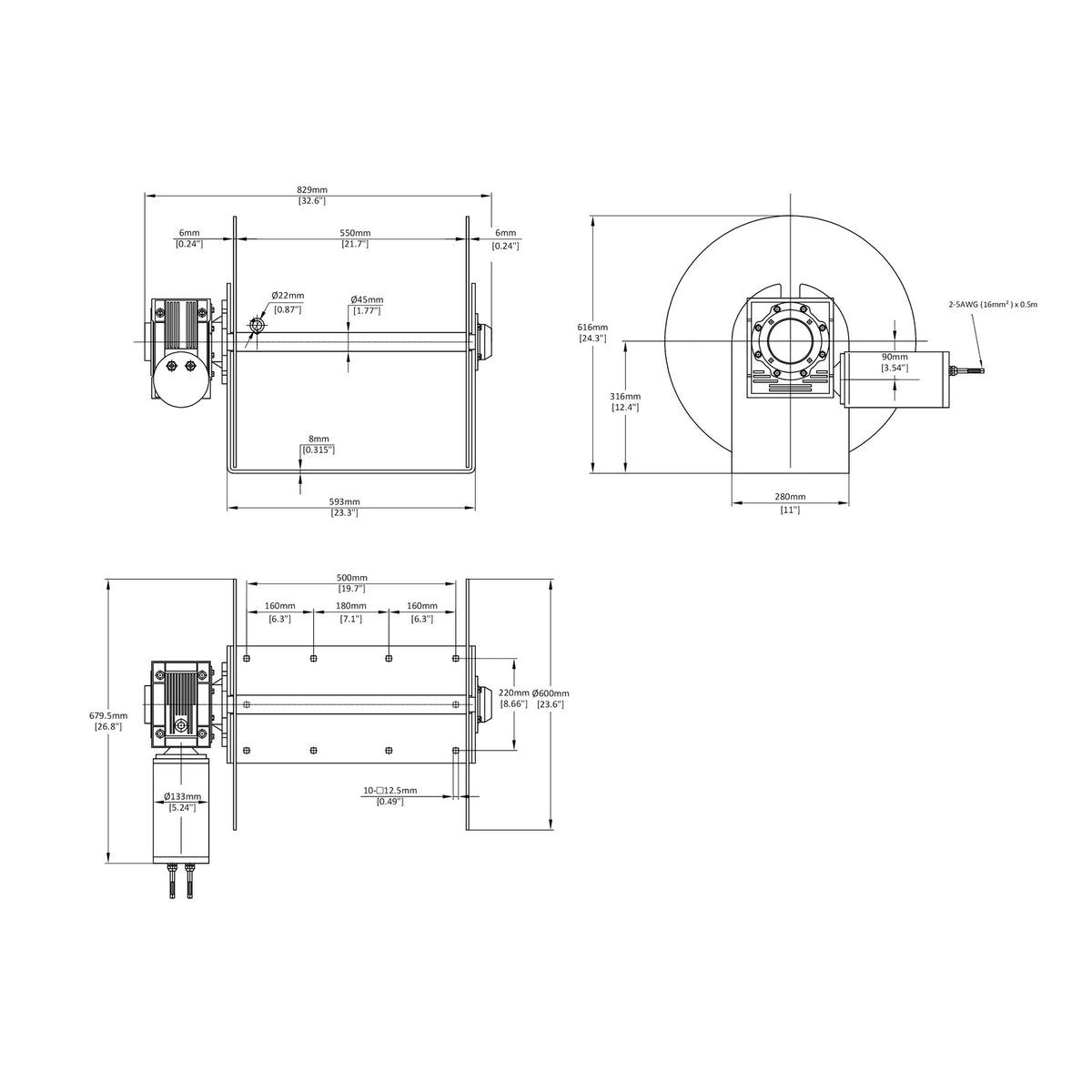 Technical drawing of 6000SS™ Stainless Steel Drum Anchor Winch