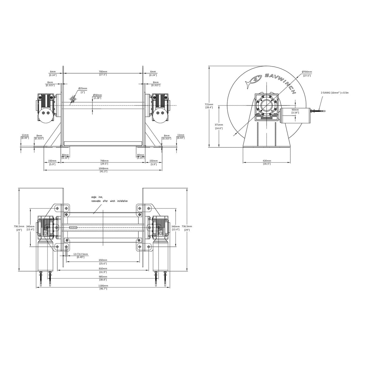 Technical drawing of 7000SSS™ Stainless Steel Drum Anchor Winch