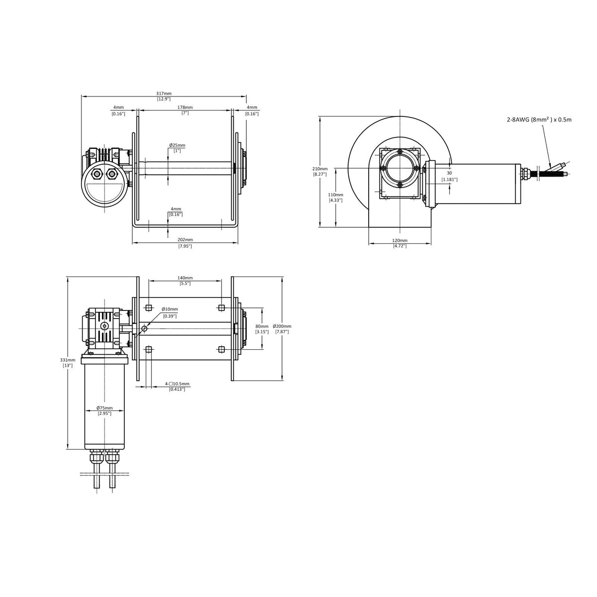 Technical drawing of 880SSS™ Drum Anchor Winch