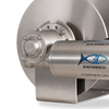 A Savwinch commercial marine winch with a brushed stainless steel drum