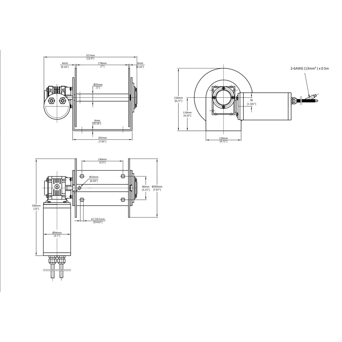 Technical drawing of 990SSS™ Drum Anchor Winch