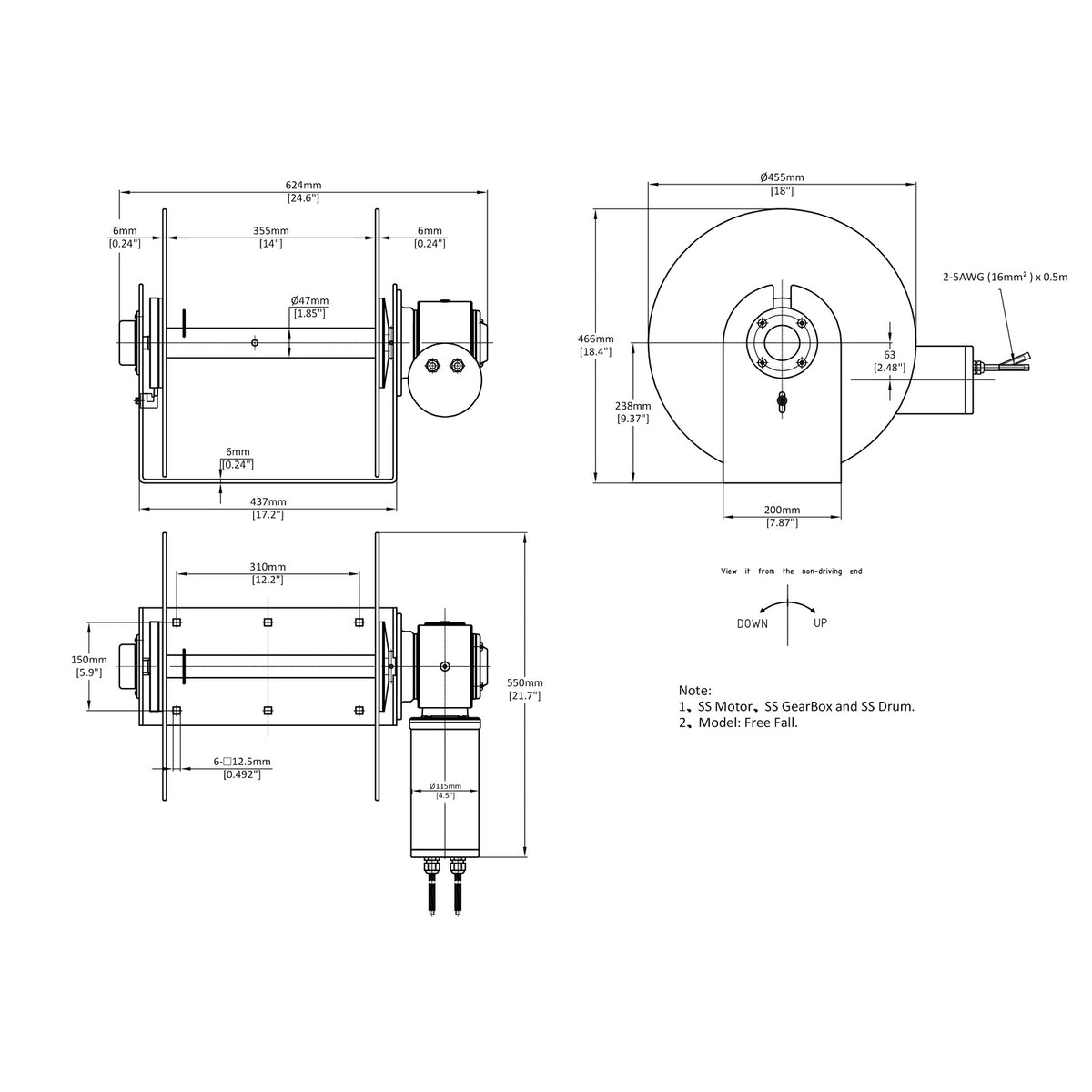 Technical drawing of Commercial XXL Drum Anchor Winch