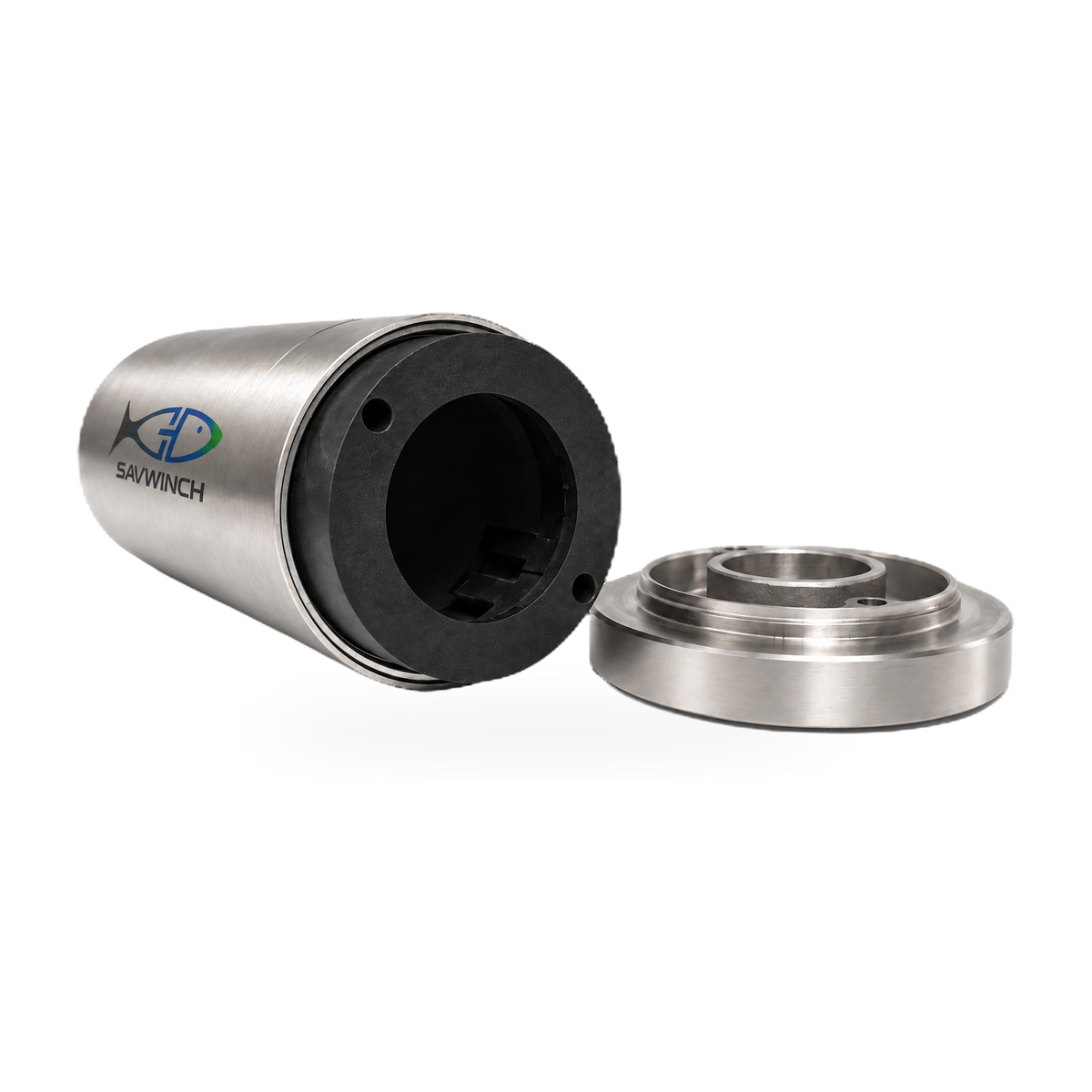 Savwinch stainless steel motor housing open, showing the injection moulded insert inside and the machined end cap alongside