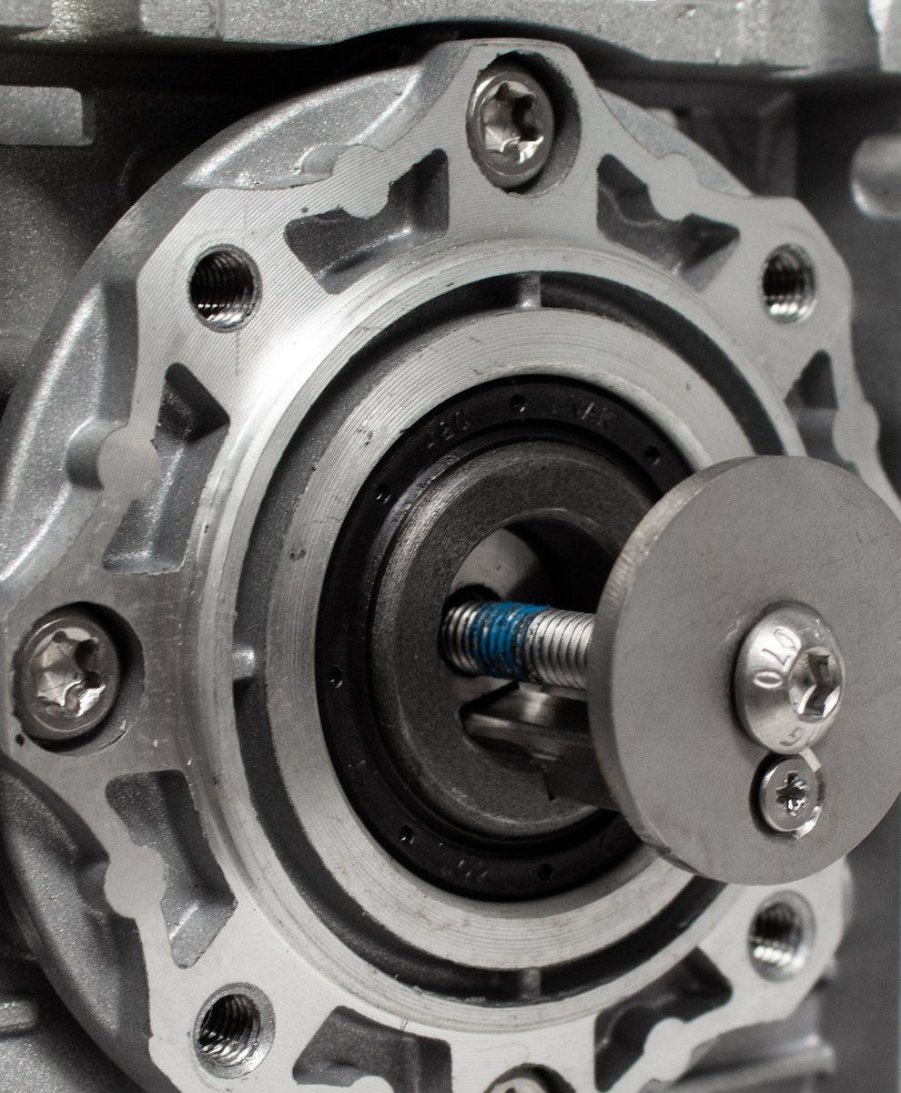 Close up of the winch gearbox with the emergency manual release shaft and allen key fitting exposed