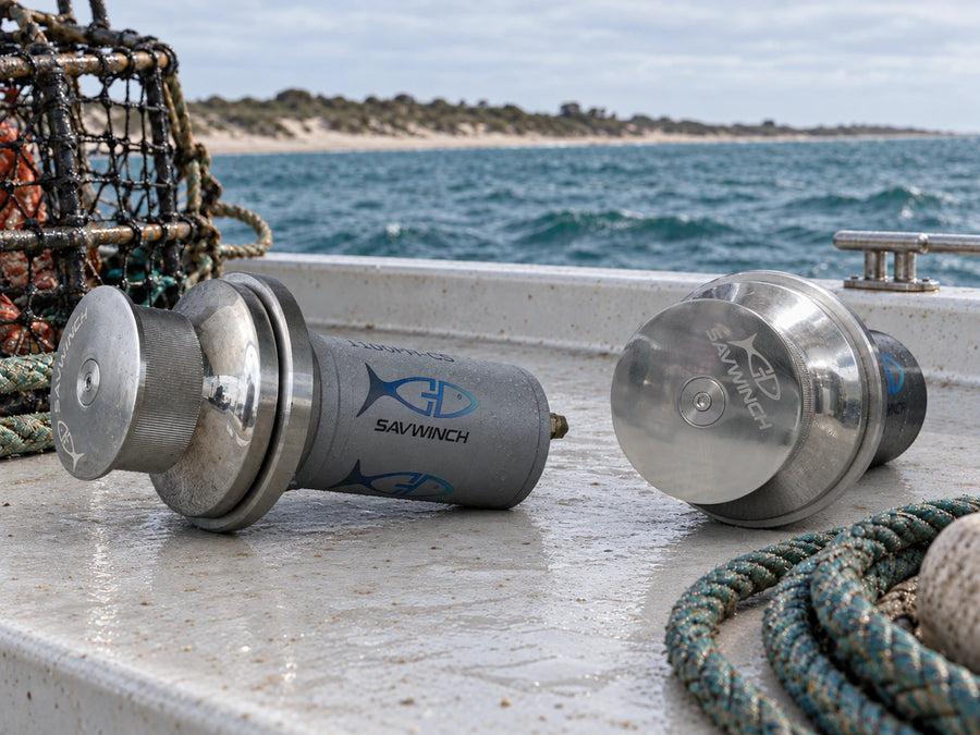 Savwinch 1100PH-CS Capstan Winch pair lifestyle photo on a boat deck with pot rope, coastline behind
