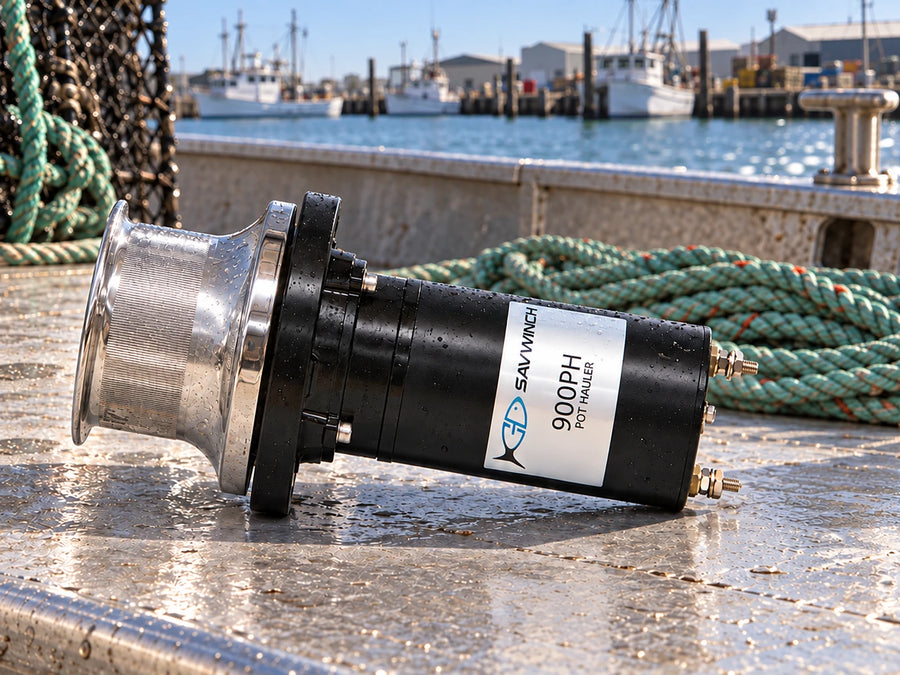 Savwinch 900PH Pot Hauler lifestyle photo on a boat deck with coiled rope, fishing harbour behind