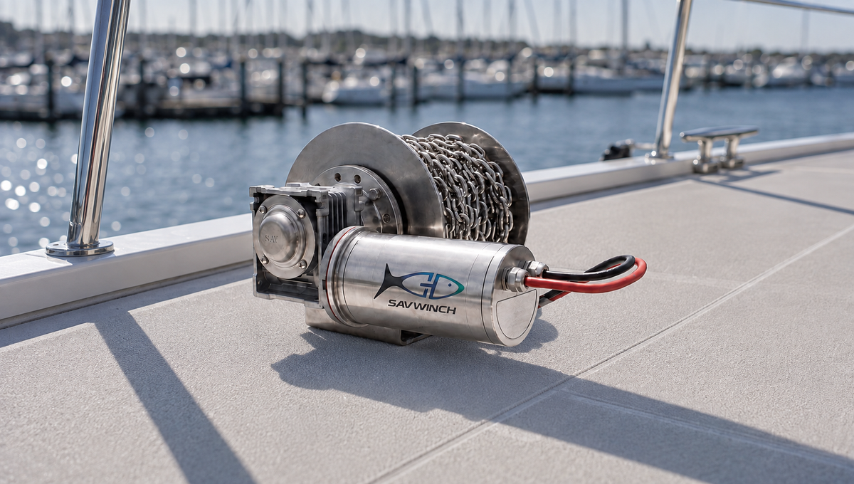 Savwinch Signature Series drum winch mounted on a boat at a marina