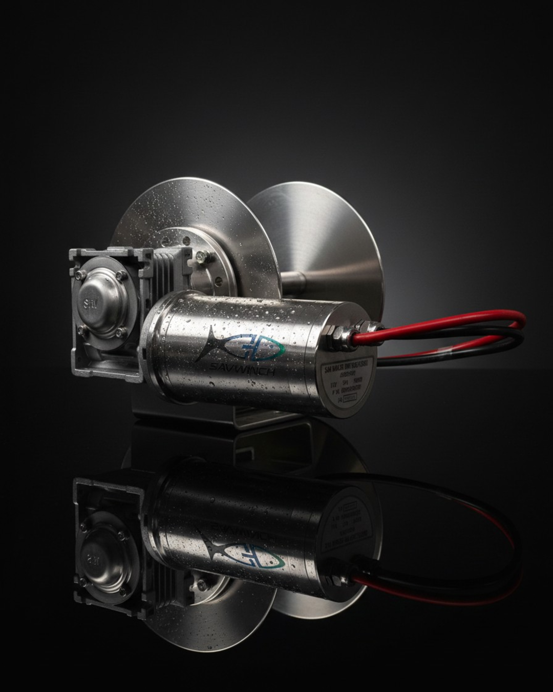 Close view of the Savwinch drum, gearbox and sealed stainless steel motor