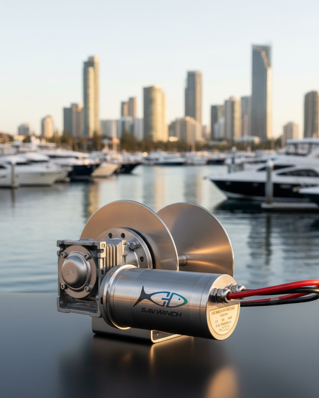 Savwinch 1000SS stainless drum winch with Gold Coast marina in the background