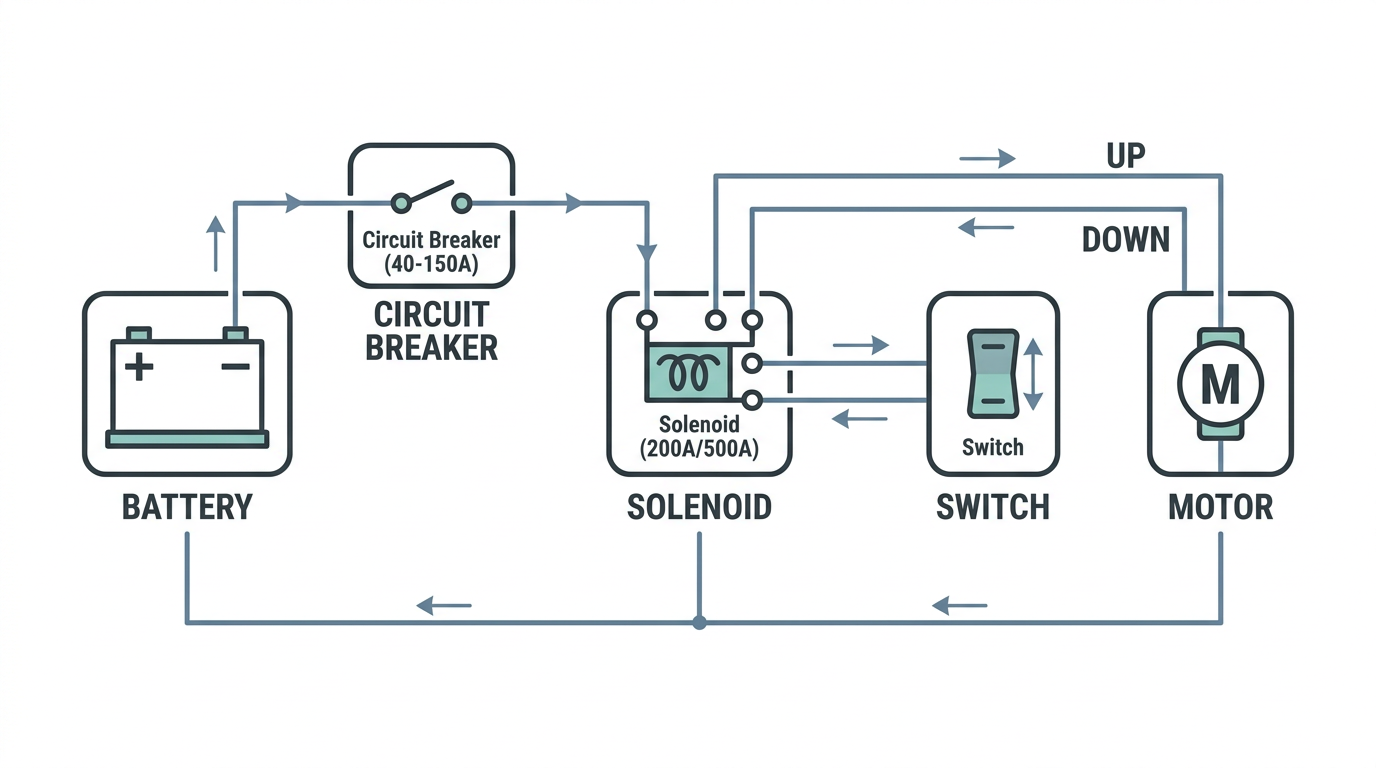 Savwinch drum winch wiring diagram showing battery, circuit breaker, solenoid, switch, and motor connections